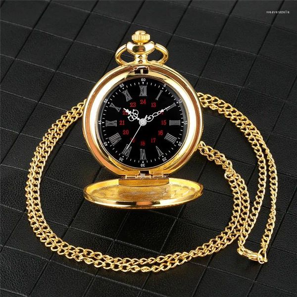 Taschenuhren, luxuriös, Gelbgold/Schwarz, glattes Gehäuse, Uhr für Herren und Damen, Anhängeruhr, Quarzwerk, Analoganzeige, Halskette, Fob-Kette