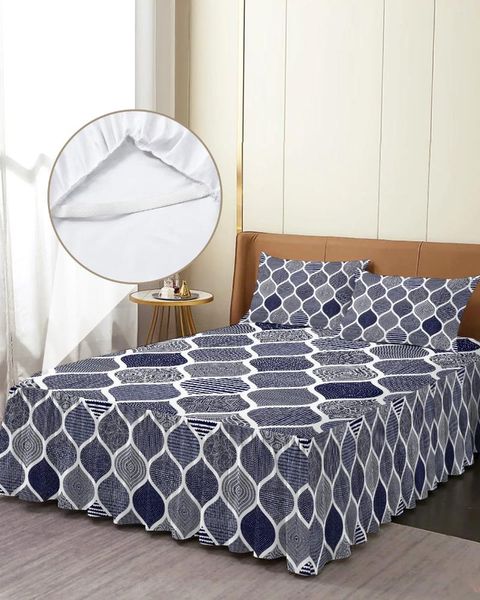 Bettrock-Geometrie, marokkanische Textur, blau, elastische Tagesdecke mit Kissenbezügen, Matratzenbezug, Bettwäsche-Set