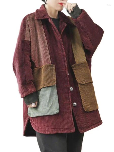 Casacos de Trench das Mulheres QPFJQD 2024 Senhoras de Inverno Vintage Corduroy Acolchoado Mulheres Casual Retro Solto Engrossar Casacos Quentes Punk Patchwork Parkas