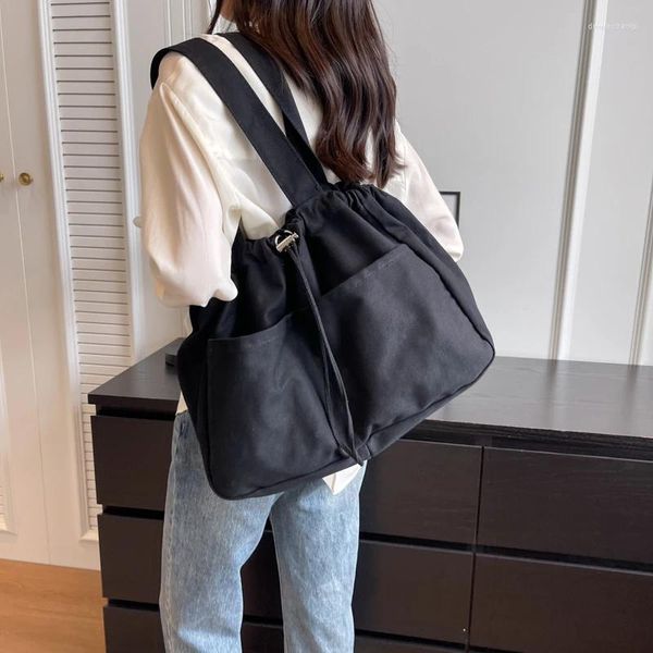 Sacos de noite Bolsa feminina com cordão preto lona ombro grande balde bolsa vintage lado y2k eco bolso coreano estudante shopper