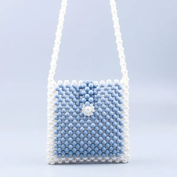 Abendtaschen Acryl Blau Patchwork Perle Weiße Schnalle Umhängetasche Mode Ins Vintage Handgewebte Damen Schulteranpassung