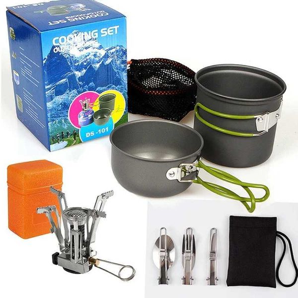 Camp Kitchen Tragbares Outdoor-Picknick-Kochgeschirr-Set DS-101 + Mini-Brenner + dreiteiliges Besteck Camping-Ausrüstung Hochwertiges Natur-Wanderzubehör YQ240123