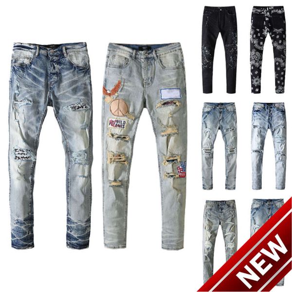 24ss jeans masculinos rasgados motocicleta clássico denim jogger estilo feminino pintado à mão estilo antigo tecido à mão moda casual fino algodão lavado solto