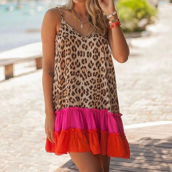 Vestidos casuais skmy mulheres roupas primavera e verão 2024 sexy festa de praia sem mangas leopardo impressão retalhos solto espaguete cinta vestido