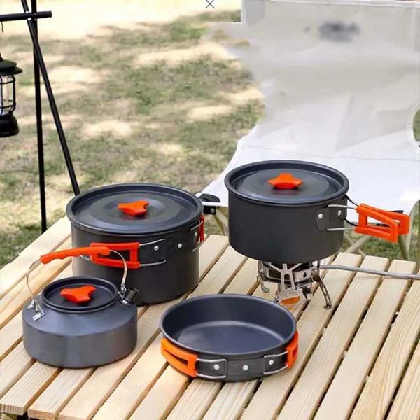 Conjunto de panelas de acampamento cozinha de alumínio portátil ao ar livre utensílios de mesa kit de cozinha pan bowl chaleira panela caminhadas churrasco equipamento de piquenique yq240123