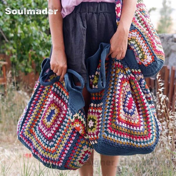 Borse a tracolla het boho chic Granny Square Borsa Gran Tote Borsa da mercato a strisce blu beige Borsa da spiaggia estiva stile vintage Hippie all'ingrosso T240123