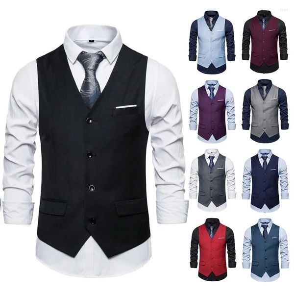 Gilet da uomo Gilet estivo Elegante scollo a V Tinta unita Top senza maniche Abito monopetto Slim Business Casual Gilet da sposa 2024