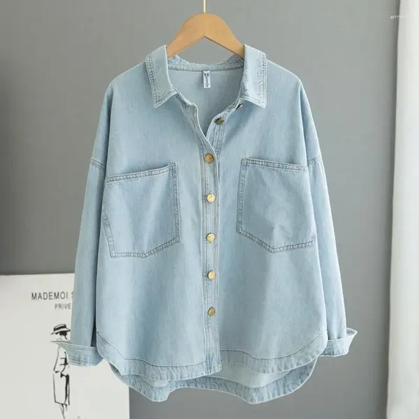 Blusas femininas vintage oversized denim camisa streetwear blusa azul claro moda coreana manga longa topo senhora jean solto harajuku