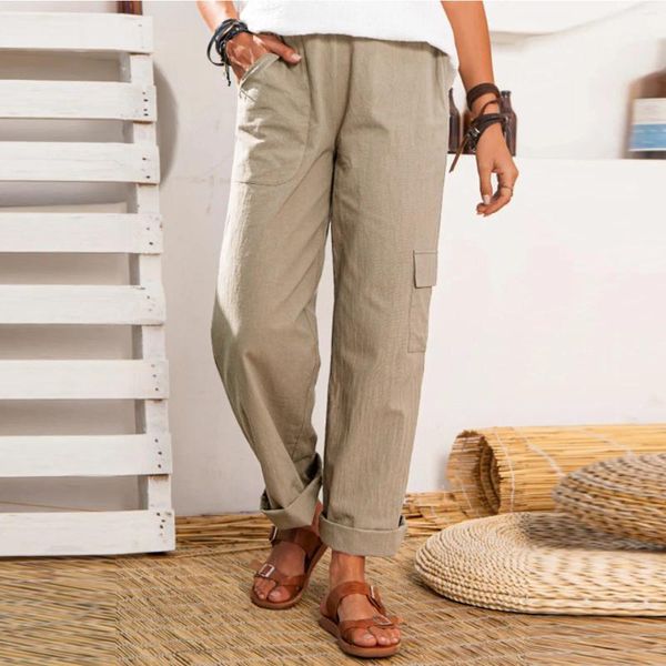 Женские брюки из льна и хлопка, винтажные повседневные классические шаровары для женщин, летние однотонные свободные длинные брюки, комбинезоны