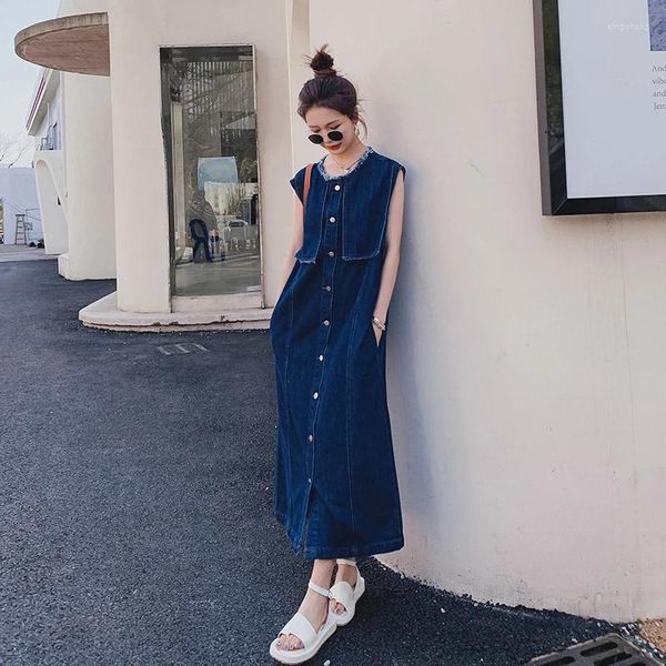 Casual Kleider Ärmellose Denim Weste Kleid Für Frauen 2024 Sommer Oansatz Einreiher Lose Koreanischen Stil Langen Mantel Mädchen 0021