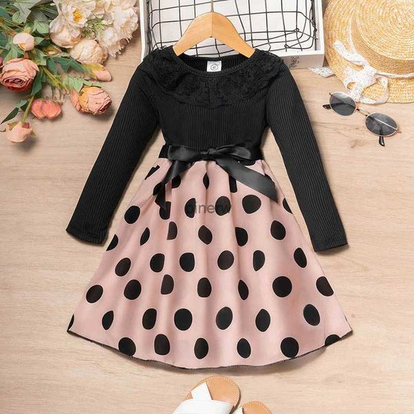 Vestidos da menina vestido crianças meninas 4-7 anos preto de manga comprida polka dot retalhos vestido para meninas elegante férias férias vestido de festa