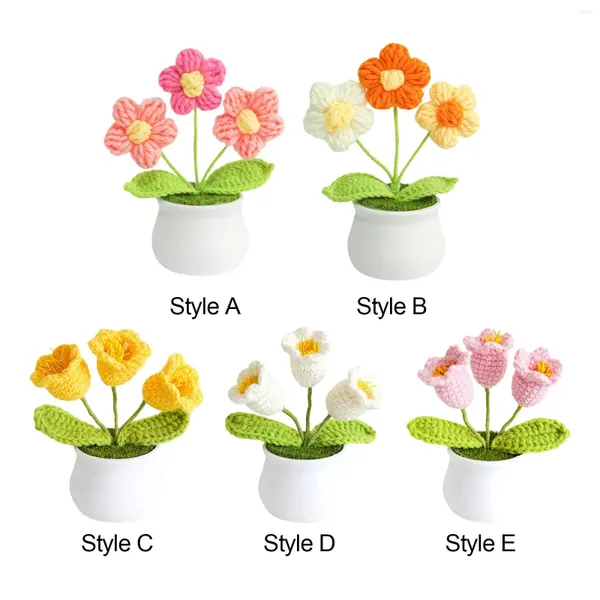 Flores decorativas crochê flor bonito artificial mão tecido mini vasos de plantas para sala escritório mesa aniversário