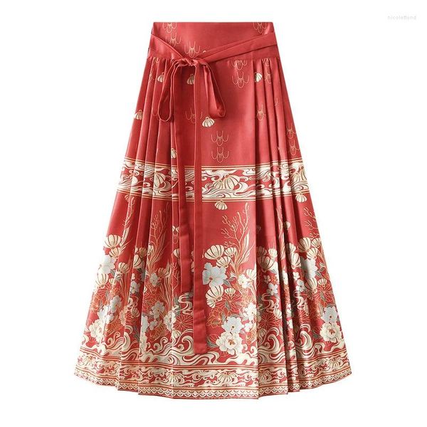 Юбки SURMIITRO, женская винтажная юбка с конским лицом, китайская стильная юбка с цветочным принтом, трапециевидный ремень с высокой талией, плиссированная миди, длинная женская красная юбка