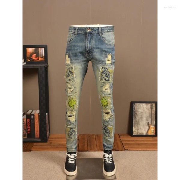 Jeans masculinos vintage rasgado hipster estiramento reto ajuste high-end bordado scratch patch casual calças jeans