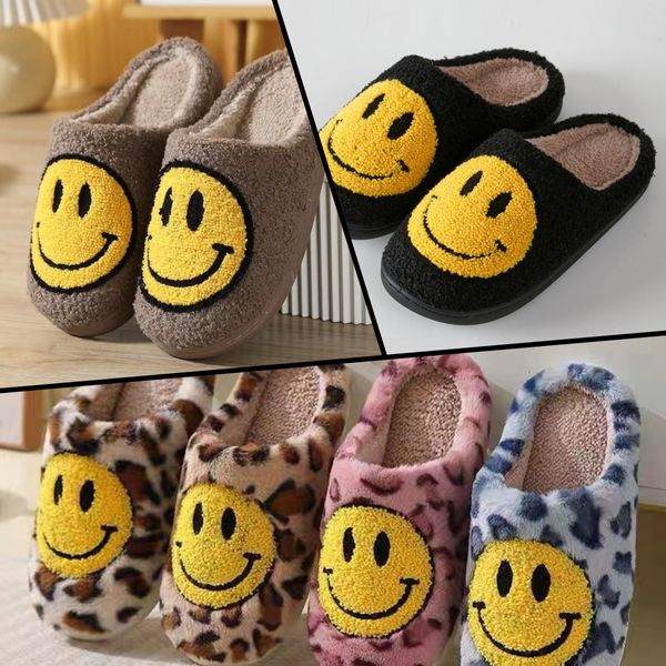 Novo estilo de moda feminina sorriso chinelos de inverno macio pelúcia sapatos de pele do falso senhoras fofo peludo plana casa interior casal algodão smiley size37-46