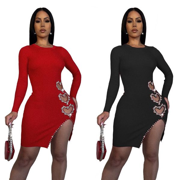 Feminino sexy cor sólida manga longa em forma de coração vestido de broca pregado à mão vestido de lã dupla face