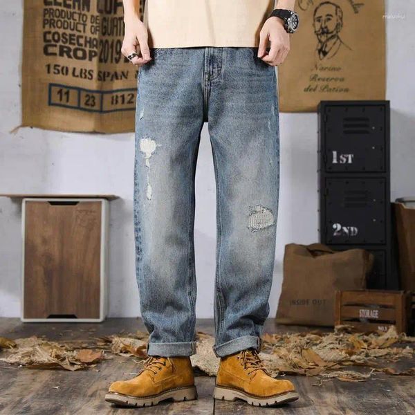 Jeans masculinos rasgados para homens 2024 primavera e verão de alta qualidade marca de moda americana ins pu shuai calças retas soltas