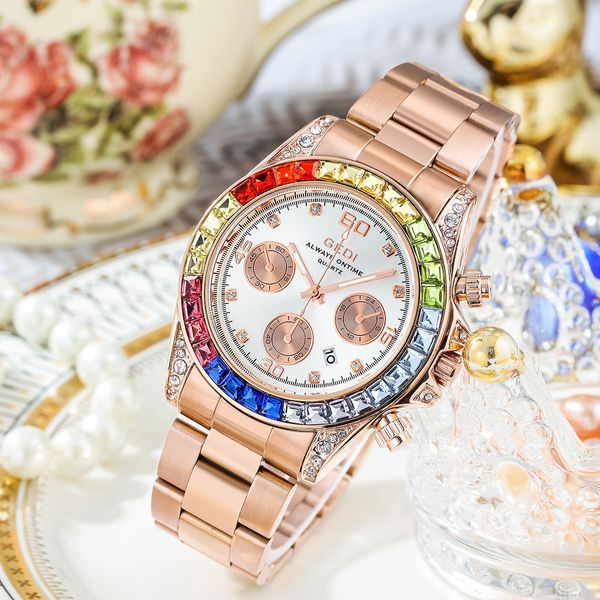 Женские модные радужные кольца с тремя глазами и бриллиантовым календарем для отдыха, стальной ремень, водонепроницаемые кварцевые часы