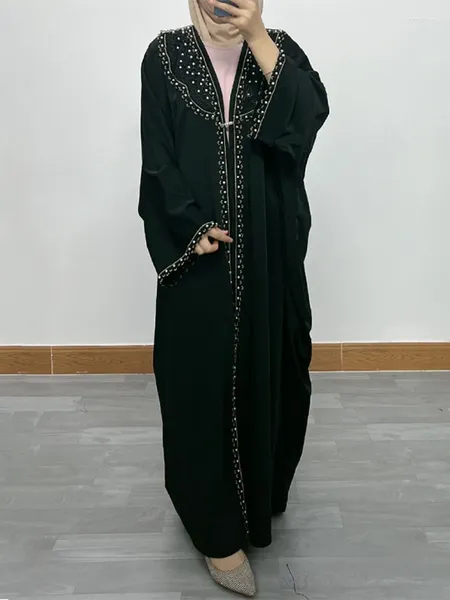 Abbigliamento etnico Kimono aperto Abaiya Solido perline Nastro di pizzo Abiti islamici Jalaba Turco Donna Caftano Manica a pipistrello Djellaba Eid Robe
