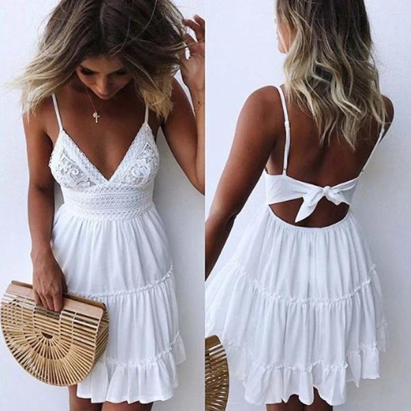 Lässige Kleider Sommer Sexy rückenfreie weiße Schleife aushöhlen Slip Minikleid Frauen Party Rüschen Schnürung Strand Vestidso