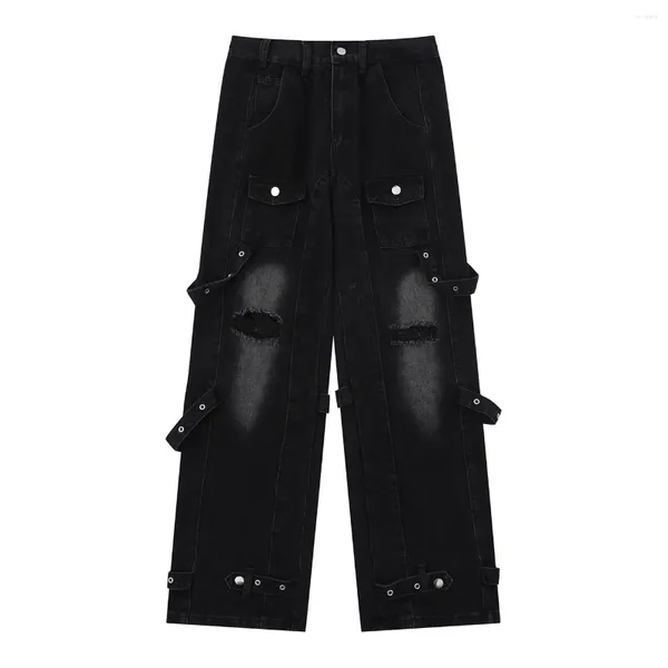 Jeans da uomo LACIBLE Strappato Nastro perforato Nero puro 2024 Lavato Lungo Primavera Autunno Hip Hop Casual Uomo Donna Pantaloni