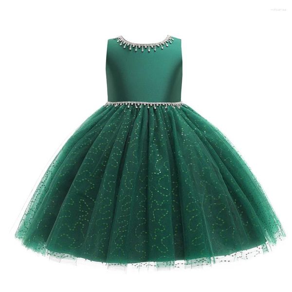 Vestidos de menina vintage lantejoulas a linha flor meninas vestido 2024 clássico sem mangas o-pescoço brilhante strass tule bonito filha festa bola