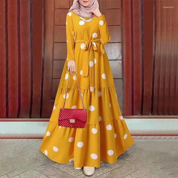 Abbigliamento etnico Ramadan Musulmano Hijab Donna Vintage Caftano Abito a pois Girocollo Abiti islamici Dubai Abaya Cintura Caftano Modesto