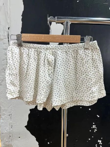 Pantaloncini da donna con occhielli blu floreali dolci donna estivi tre bottoni elastici a vita alta pantaloni corti casual in cotone intimo per la casa