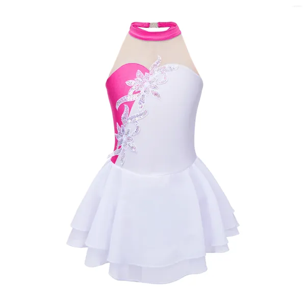 Stage Wear 6-16Y Ragazze Balletto Danza Pattinaggio di Figura Vestito Ginnastica Body Senza Maniche Lucido Paillettes Tutu Bambini Performance Dancewear