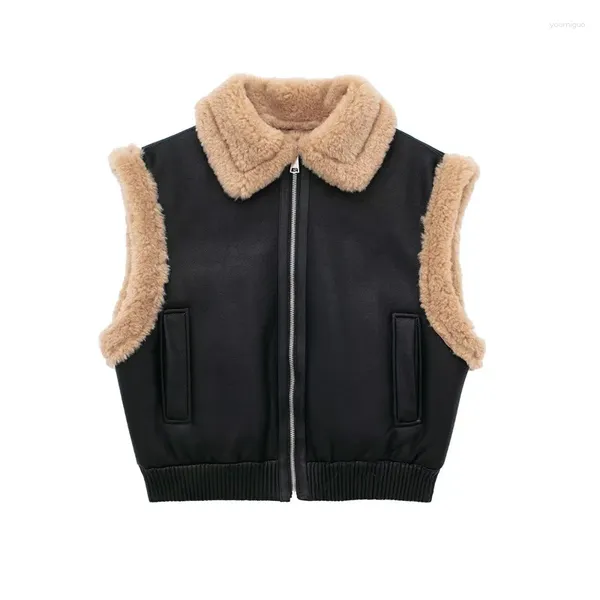 Giacca da pilota corta senza maniche con colletto in pelle da donna Gilet Street Trend Giacca finta nera. Cerniera aperta