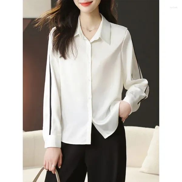 Kadın Bluzları 2024 Şık iş bluzu Kadınlar için uzun kollu Fransız ol düğmesi gömlek zarif beyaz bahar sonbahar üst düzey giyim