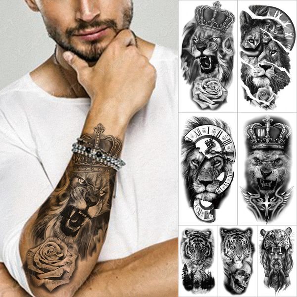 Водостойкая временная татуировка наклейка лесной лев тигр медведь флэш-тату женщины леопард волк Корона боди-арт рука поддельные татуировки мужчины 240122