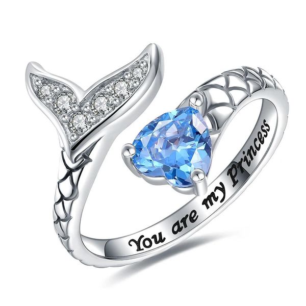 Anéis 925 prata esterlina aquamarine coração sereia cauda ajustável anéis mar sereia fishtail jóias presentes de aniversário para mulheres meninas
