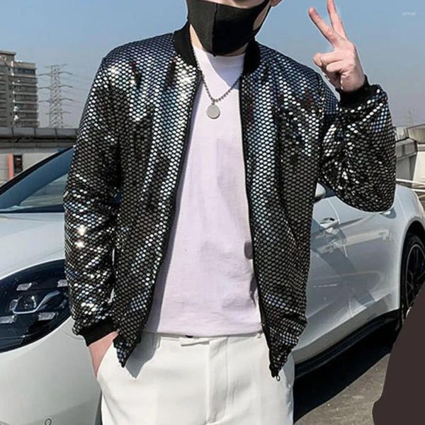 Giacche da uomo Cappotto con paillettes da uomo Colletto alla coreana con paillettes Giacca stile uniforme da baseball per club stage Streetwear Notte sottile alla moda