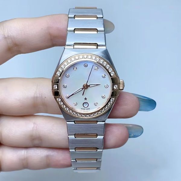 29mm marca feminina relógio mecânico automático estrela mãe concha pérola cinza dial relógio de aço inoxidável diamante cz dois tons ouro rosa relógio de pulso