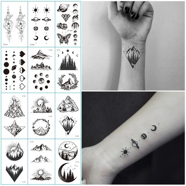 12pçs adesivos de tatuagem temporária, pequenos planetas geométricos, transferência de água preta, design minimalista de sol e lua, mulheres falsas 240122