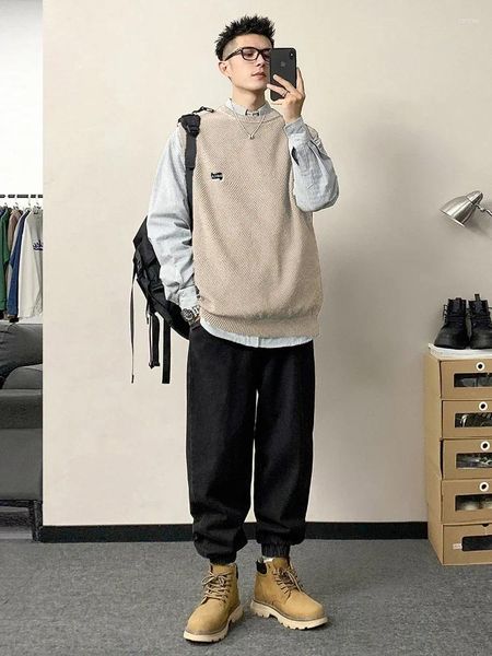 Herrenwesten Herrenkleidung Braune Weste Grafische Weste Strickpullover für Männer Ärmellose japanische Retro-Designer-Luxus-Maltry-Ausschnittoberteile