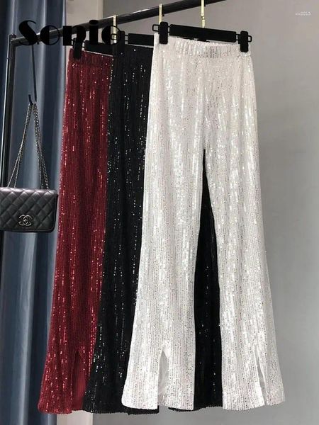 Damenhosen Pailletten Slim Flare Damen Herbst Frühling 2024 Mode Rückenschlitz Hohe Taille Gerade Lange Party Abend Club Hose