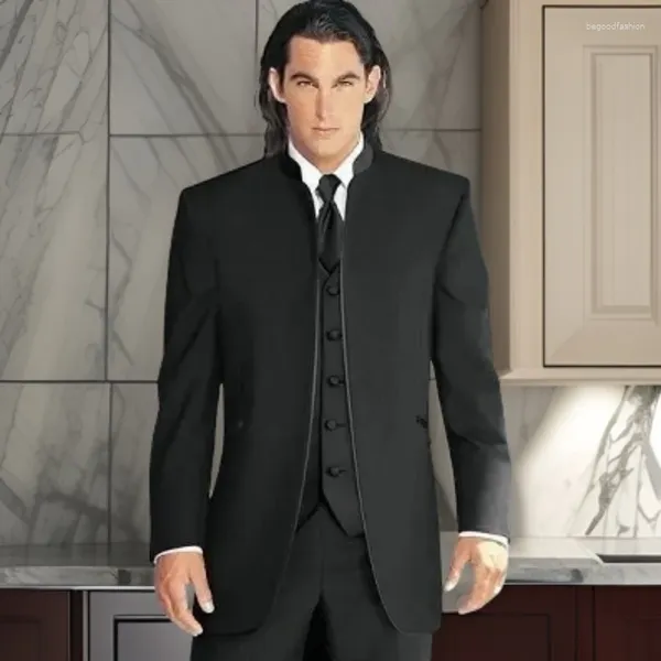 Erkekler Siyah Stand Yakası Erkekler Düğün 3 PCS (Ceket Pantolon Yelek) Özel Yapımlı Damat Smokin Adam Damat Smokin