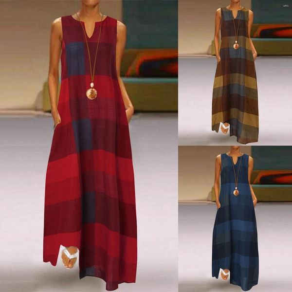 Freizeitkleider V-Ausschnitt Plus Size Tankkleid Ärmellos Plaid Bedruckt Vintage Bohemian Maxi Damen Sommer Lose Elegant Lang