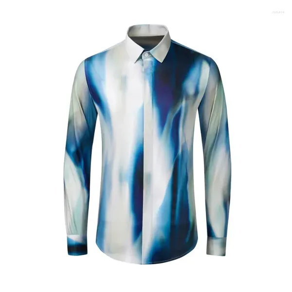 Camisas casuales para hombres Productos de moda de llegada en otoño invierno Tinta teñida azul Camisa de manga larga impresa digital para estilo nacional Tamaño 4XL