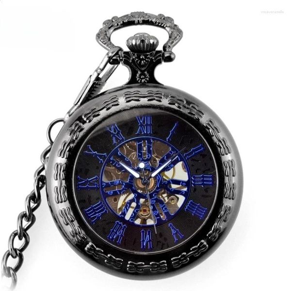 Taschenuhren im Vintage-Stil, durchsichtig, schwarzes Gehäuse, Zifferblatt, blaue römische Zahl, Steampunk, Herren-Handaufzug, mechanische Uhr mit Kette