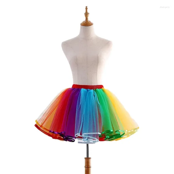 Gonne Gonna longuette a pieghe in rete a vita alta da donna Tulle a strati arcobaleno