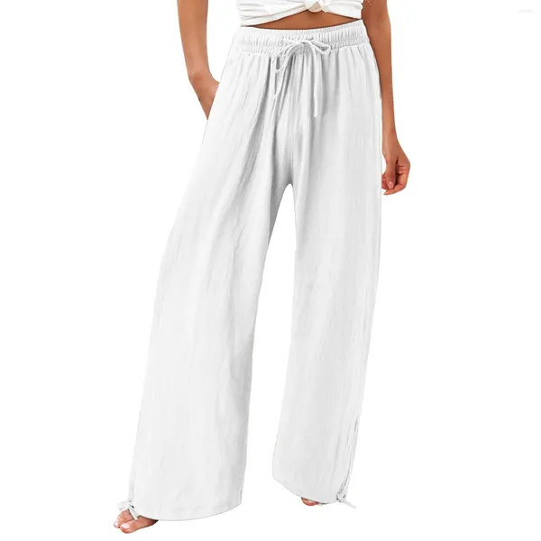 Calças femininas largas perna mulheres algodão linho stretchy cintura branco vintage casual solto cordão verão