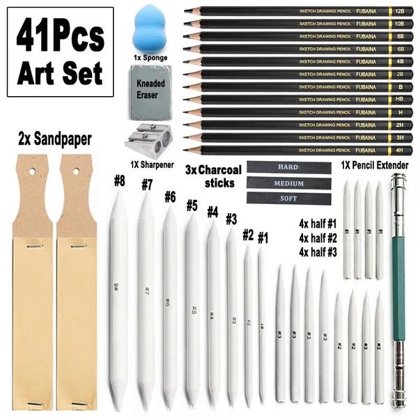 Supplies 41-teiliges Kunstskizzen-Zeichnungsset 4H12B Graphitstift Papierwischstift Pinsel Kohlestab Schleifpapier Schwammwischer Radiergummi-Werkzeug