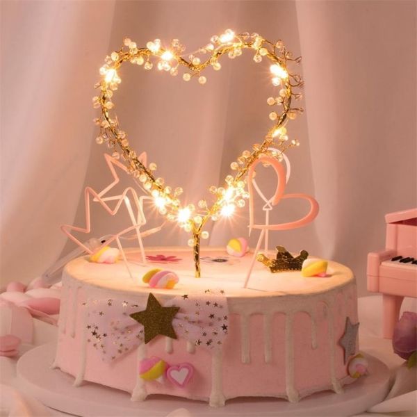 Novo 1pc forma de coração led pérola bolo toppers bebê feliz aniversário casamento cupcakes festa bolo decoração ferramenta y200618292p