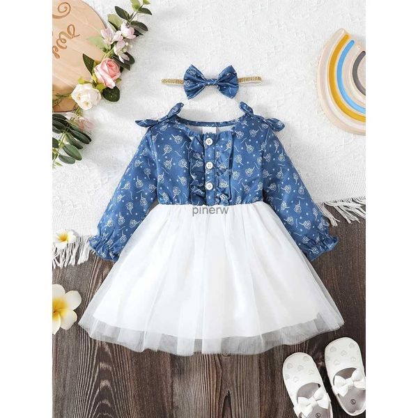 Vestidos de menina vestido de menina de mangas compridas emendado saia de malha branca + faixa de cabeça 2 peças roupas de moda primavera outono para menina de 6 a 24 meses