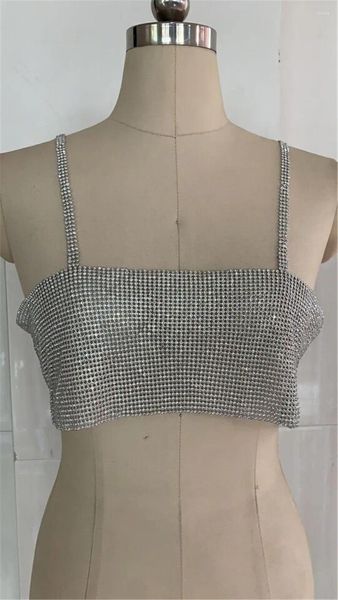 Canotte da donna con strass ombelico esposto argento lucido catena per il corpo scintillante regolabile reggiseno in cristallo senza schienale gioielli sul petto