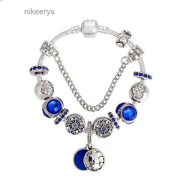 Azul charme lua e estrela pingente pulseiras para 925 prata banhado jóias de festa para mulheres namorada presente cobra corrente encantos pulseira conjunto com caixa original m8q0