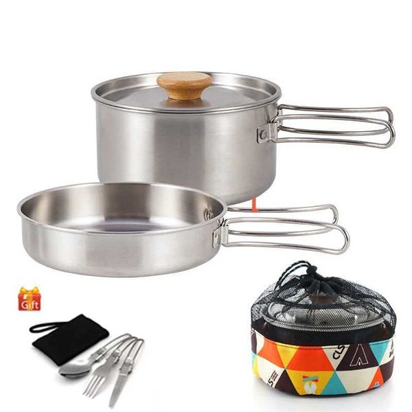 Cozinha de acampamento Panelas de acampamento Conjunto de cozinha de aço inoxidável 304 Equipamento de acampamento Talheres ao ar livre Chaleira Panela Tigela Caminhadas Viagem Churrasco Piquenique YQ240123